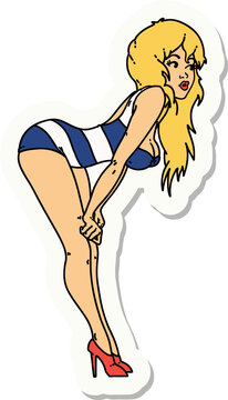 tattoo style sticker of a pinup girl in swimming costume