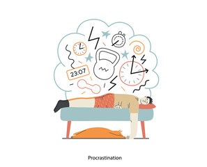Mental disorders illustration. Procrastination - modern flat vector illustration of man suffering under the weight of problems and obligations. People emotional, psychological, mental traumas concept