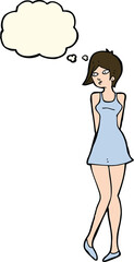 cartoon pretty woman in dress with thought bubble