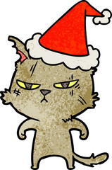 tough textured cartoon of a cat wearing santa hat