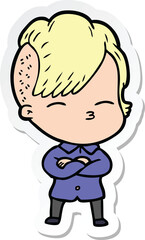 sticker of a cartoon squinting girl