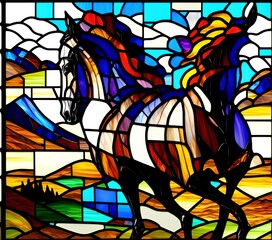 Running Horse on Stained Glass, Generative AI Illustration