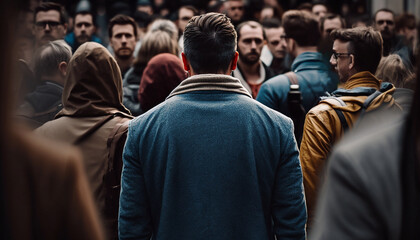 A man seen from behind, standing still in the middle of a crowd of people walking - AI generative