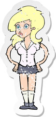 retro distressed sticker of a cartoon pretty woman