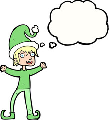 cartoon excited christmas elf with thought bubble