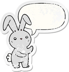 cute cartoon rabbit and speech bubble distressed sticker