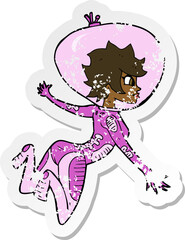 retro distressed sticker of a cartoon space woman