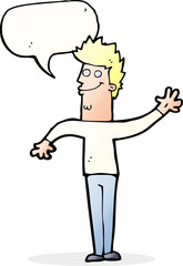 cartoon happy waving man with speech bubble