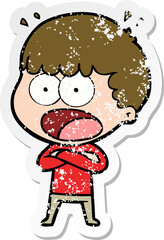 distressed sticker of a cartoon shocked man