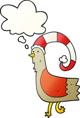 cartoon chicken in funny christmas hat and thought bubble in smooth gradient style