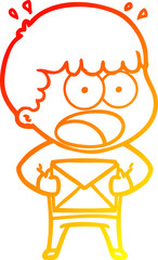 warm gradient line drawing cartoon shocked man holding envelope