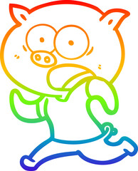 rainbow gradient line drawing cartoon pig running away