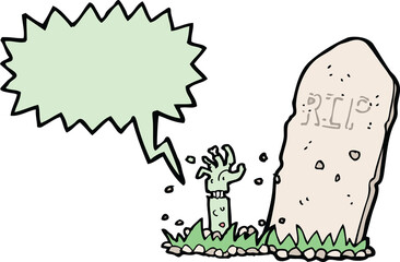 cartoon zombie rising from grave with speech bubble