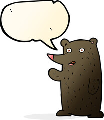 cartoon waving black bear with speech bubble