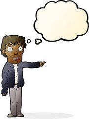 cartoon terrified man pointing with thought bubble