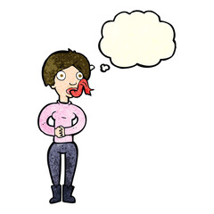 cartoon woman with snake tongue with thought bubble
