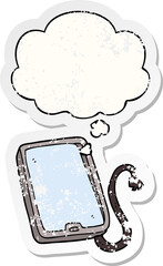 cartoon computer tablet and thought bubble as a distressed worn sticker