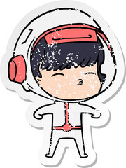 distressed sticker of a cartoon curious astronaut