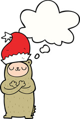 cartoon bear wearing christmas hat and thought bubble