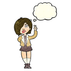 cartoon cool girl giving peace sign with thought bubble