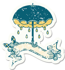 grunge sticker with banner of an umbrella and storm cloud