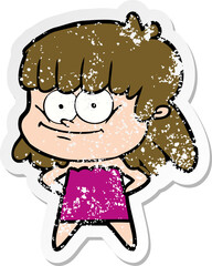 distressed sticker of a cartoon smiling woman