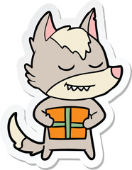 sticker of a friendly cartoon wolf carrying christmas present