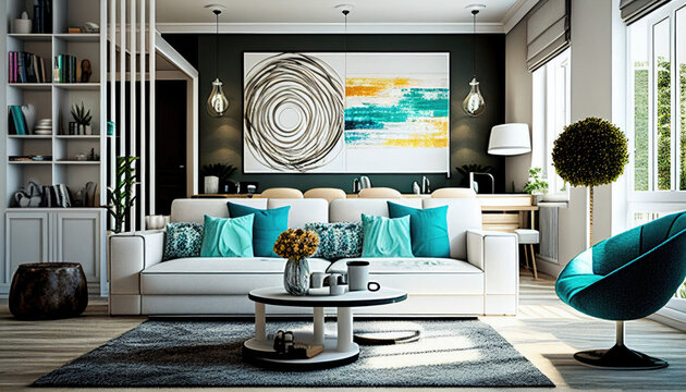 Interior modern artsy living room &mdash; Generative AI