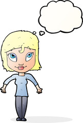 cartoon girl shrugging shoulders with thought bubble