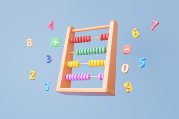 3D Abacus colorful with symbols math, plus, minus, multiplication, floating on sky blue background. arithmetic game learn counting number concept. finance education. 3d rendering illustration