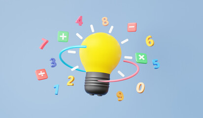 Yellow light bulb with idea invention symbols math, plus, minus, multiplication, arithmetic game learn counting number concept. floating on sky blue background. finance education. 3d rendering - obrazy, fototapety, plakaty