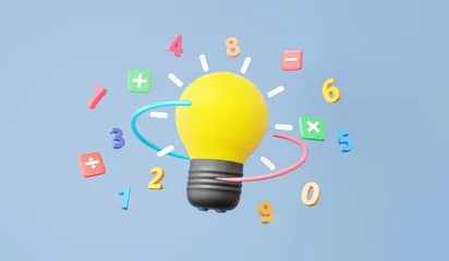 Fotobehang Yellow light bulb with idea invention symbols math, plus, minus, multiplication, arithmetic game learn counting number concept. floating on sky blue background. finance education. 3d rendering © N ON NE ON