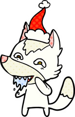 comic book style illustration of a hungry wolf wearing santa hat
