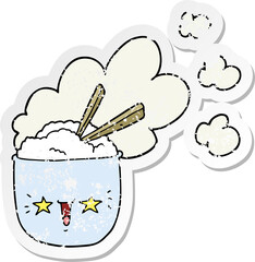 distressed sticker of a cute cartoon hot rice bowl