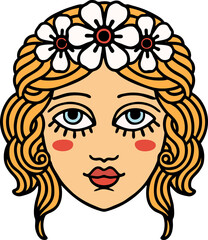 traditional tattoo of female face with crown of flowers