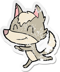distressed sticker of a friendly cartoon wolf running