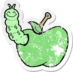 retro distressed sticker of a cartoon bug eating apple