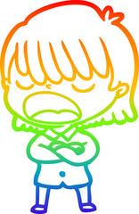 rainbow gradient line drawing cartoon woman talking loudly