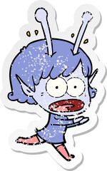 distressed sticker of a cartoon shocked alien girl