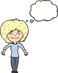 cartoon woman shrugging shoulders with thought bubble