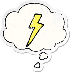 cartoon lightning bolt and thought bubble as a distressed worn sticker