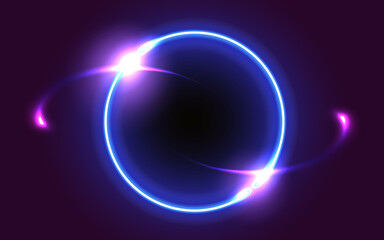 Glowing round frame on dark fantastic background. Abstract neon space portal into another dimension.
