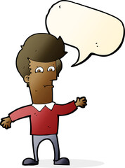 cartoon waving man with speech bubble