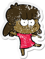 distressed sticker of a cartoon smiling woman