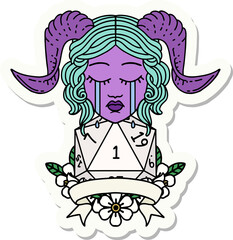 crying tiefling face with natural 1 D20 Dice sticker