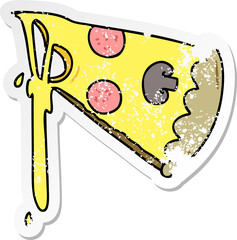 distressed sticker of a quirky hand drawn cartoon slice of pizza
