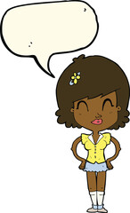 cartoon happy woman with thought bubble