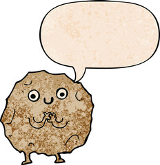 cartoon rock character and speech bubble in retro texture style
