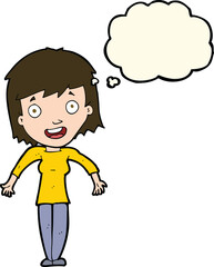 cartoon woman shrugging shoulders with thought bubble