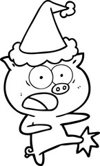 Fototapeta premium line drawing of a pig shouting and kicking wearing santa hat